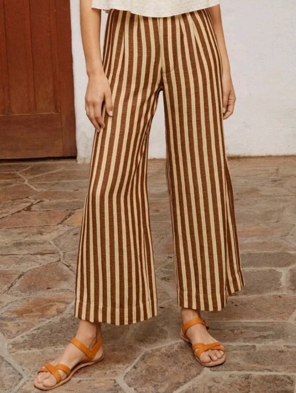 Christy Dawn Mara Trouser Wide Leg Pants M Striped Brown Tan